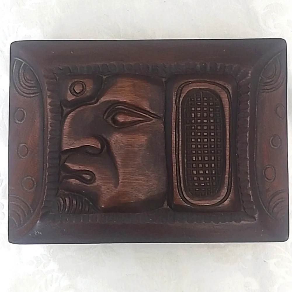 Wooden Humidor Box Stained Carved Man Tribal Tiki  Cigar Box Vintage